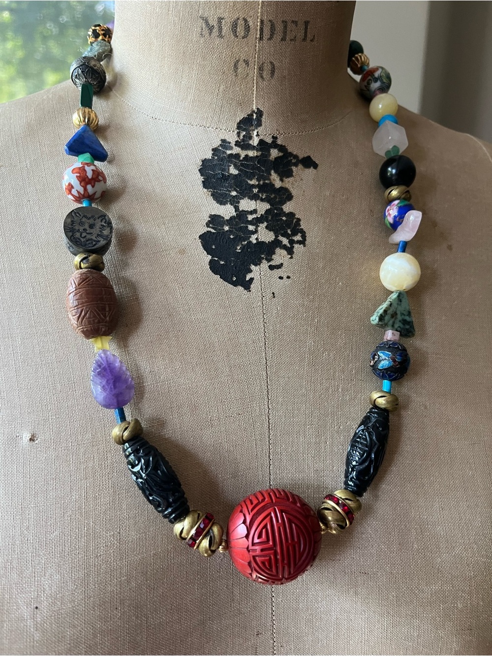 Katrina mixed gem & vintage beads, cat face bead, cinnabar, jade, amethyst 22”